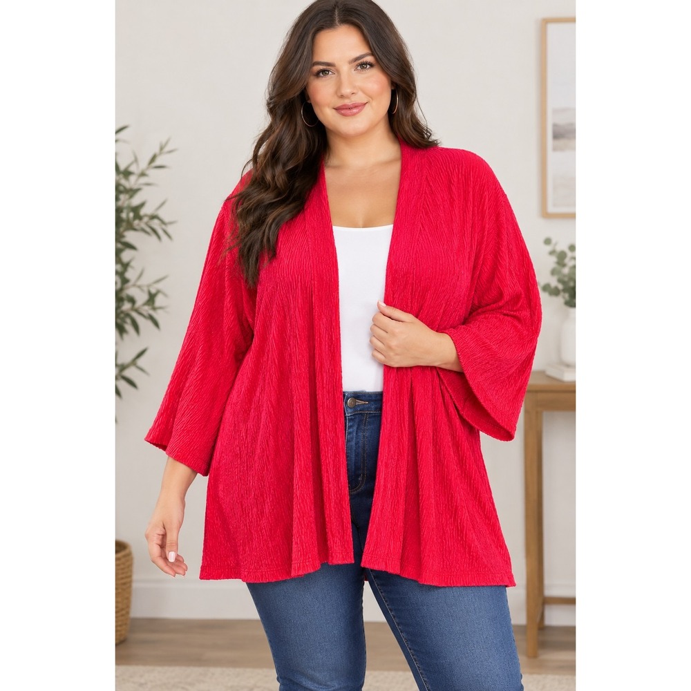 NEW Slim Factor by Investments 1X Textured Red Velvet Plisse Open Front Cardigan